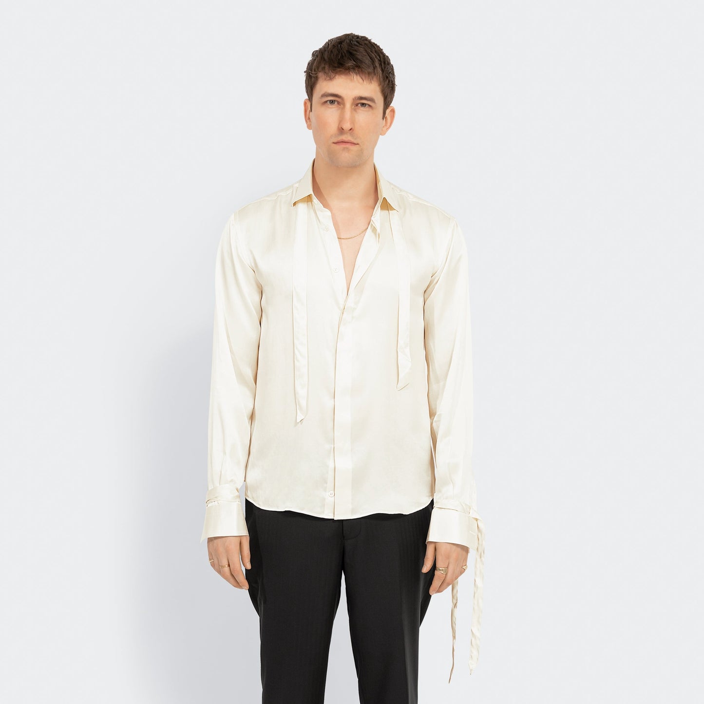 Tailored Ivory Silk Tassel Shirt